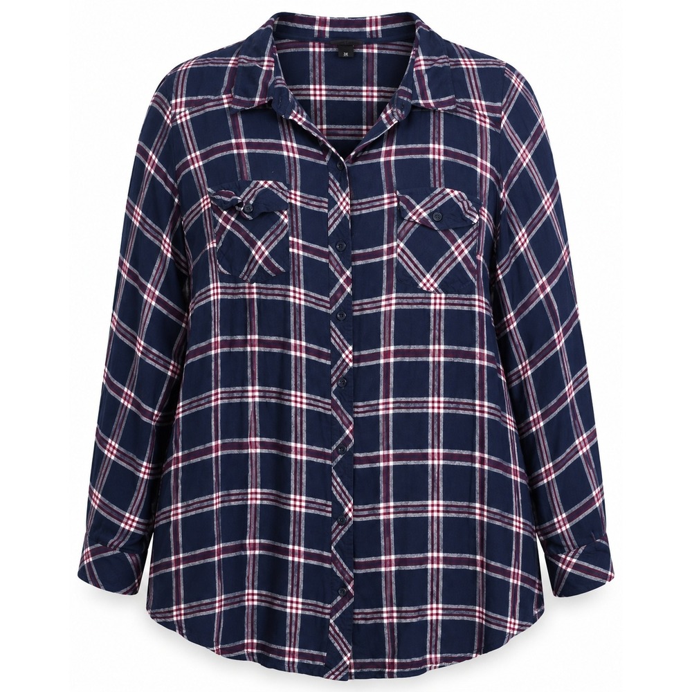 Torrid Plaid Button Down Shirt Size 3 Navy Blue Rayon Long Sleeve Pockets